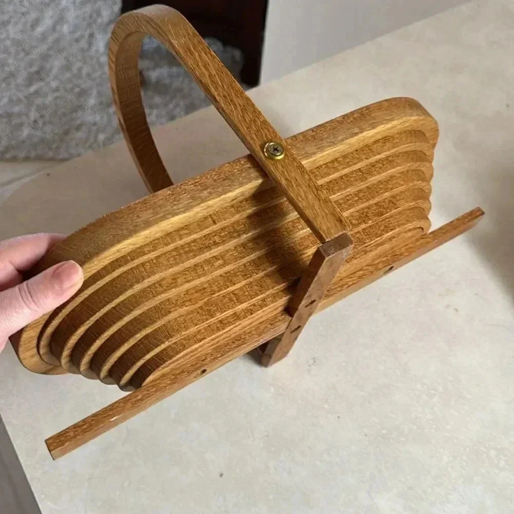 Vtg Wooden Collapsible Spiral Basket Folding Handle Handcrafted Unique EUC Piece - Picture 3 of 4